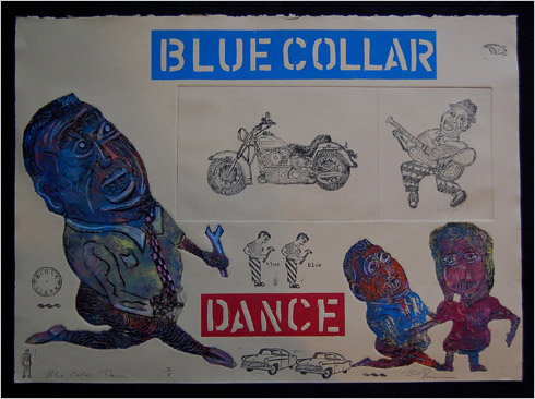 Blue Collar Dance print by printmaker Bruce Thayer