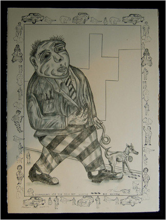 Dog Walker drawing by artist Bruce Thayer